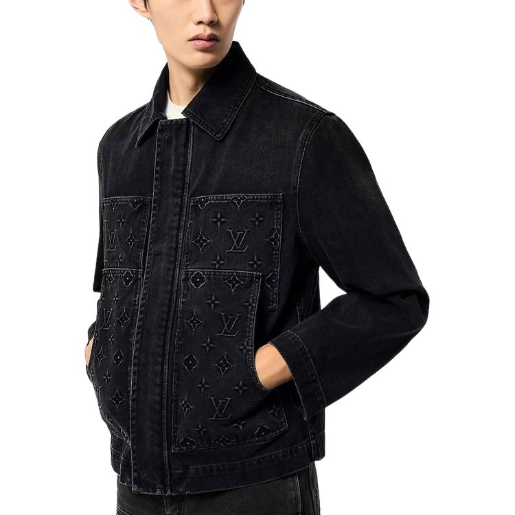 Order LOUIS VUITTON FW24 Monogram Logo Black Denim Jacket for Men Casual Long Sleeve 1AFVA6