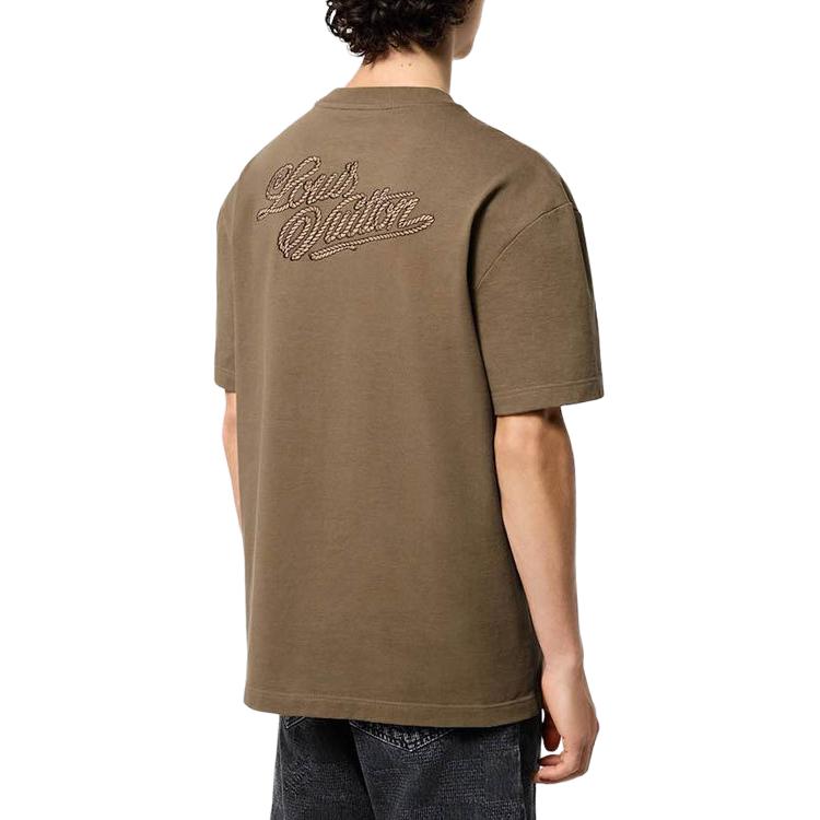 Shop 路易威登 FW24 刺繡Logo棕色圓領短袖男士T恤 1AFXP1
