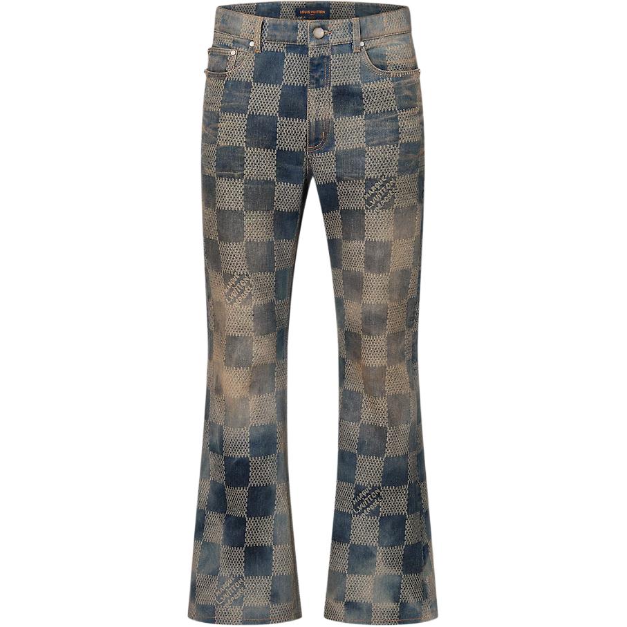LOUIS VUITTON FW24 Washed Logo Check Flare Denim Jeans Men Blue 1AFYO1
