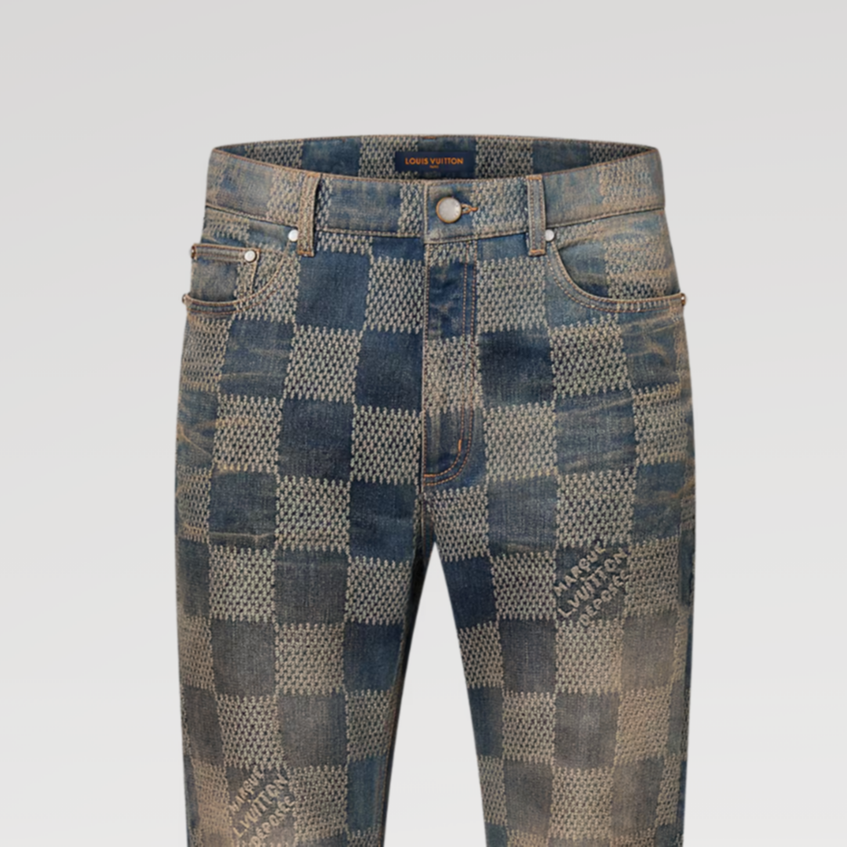 Lookbook LOUIS VUITTON FW24 Washed Logo Check Flare Denim Jeans Men Blue 1AFYO1