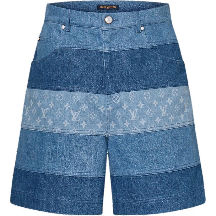 LOUIS VUITTON FW24 Wide Stripe Logo Printed Denim Shorts Blue . 1AFQG3