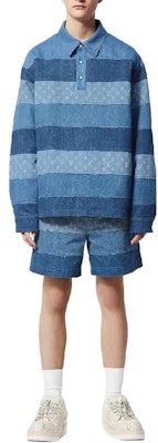 루이 비통 FW24 와이드 스트라이프 로고 프린트 데님 반바지 블루. 1AFQG3 Lookbook 루이 비통 FW24 와이드 스트라이프 로고 프린트 데님 반바지 블루. 1AFQG3