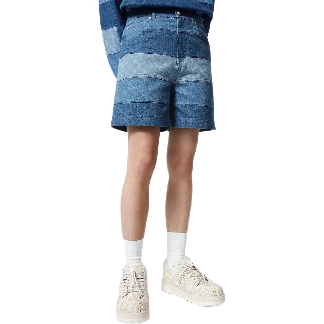 Details for 루이 비통 FW24 와이드 스트라이프 로고 프린트 데님 반바지 블루. 1AFQG3