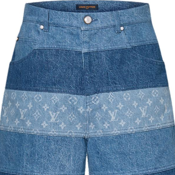 Sizing 루이 비통 FW24 와이드 스트라이프 로고 프린트 데님 반바지 블루. 1AFQG3