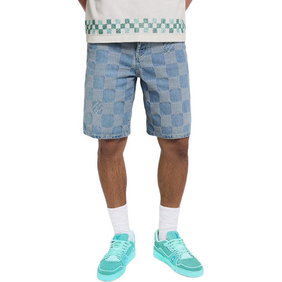 Shop LOUIS VUITTON FW25 Cotton Blend Jacquard Light Denim Shorts Blue 1AHVDY