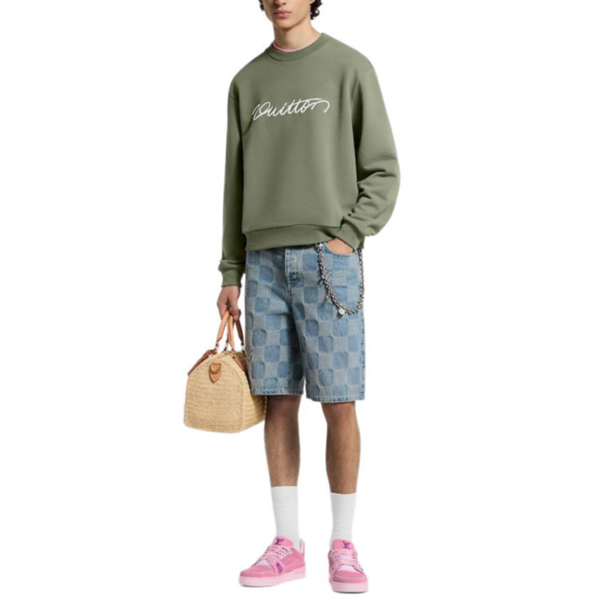 Shop 路易威登 FW25 綠色長袖圓領 Logo 衛衣 1AHW15