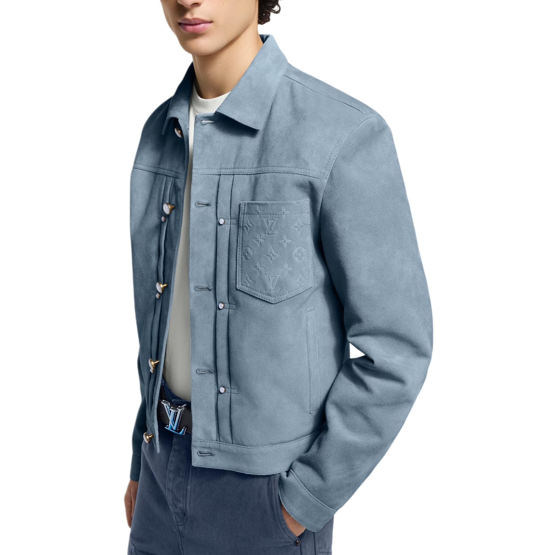 Lookbook LOUIS VUITTON FW25 Jaket Trucker Suede Biru 1AHVLL