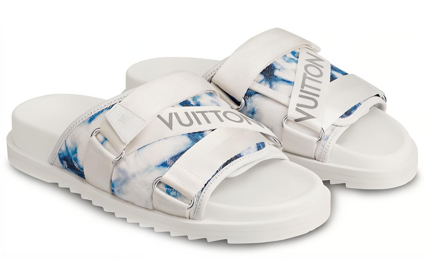 Lookbook Louis Vuitton Honolulu Monogram 'Tie-Dye Denim' Slippers Blue White 1A5HQV