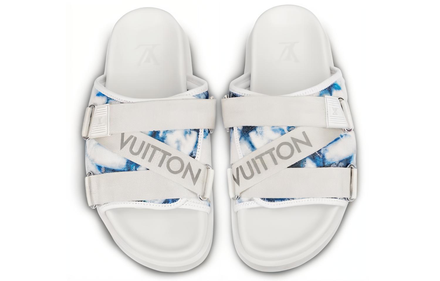 Shop Sandal Louis Vuitton Honolulu Monogram Tie-Dye Denim Biru Putih 1A5HQV