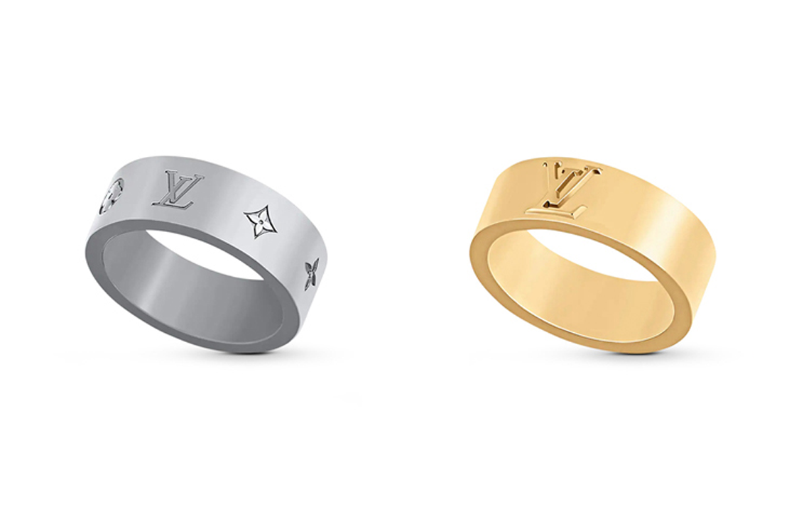 Shop 루이비통 본능 각인 메탈 반지 골드/그레이 유니섹스 커플 에디션. M00513