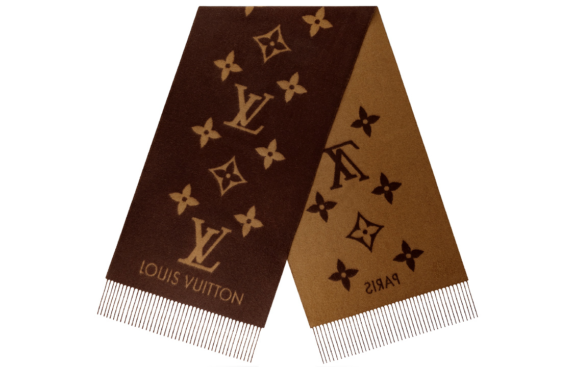 LOUIS VUITTON Large Logo Print Cashmere Scarf Unisex Couple Brown M78125 圖 2