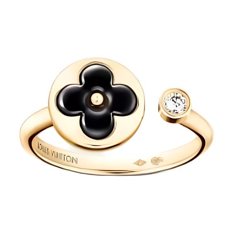 LOUIS VUITTON Logo Design 18K Gold Onyx Diamond Unisex Couple Ring Gold Q0S22F