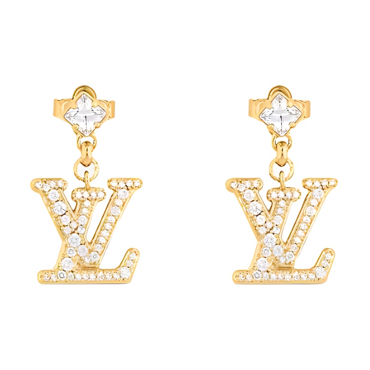 LOUIS VUITTON Logo Design Gold Metal Crystal Earrings Unisex Couple Style M01844