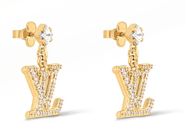 Anting Kristal Logam Emas Logo Louis Vuitton Unisex Gaya Pasangan. M01844 Lookbook Anting Kristal Logam Emas Logo Louis Vuitton Unisex Gaya Pasangan. M01844