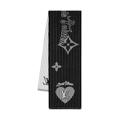 LOUIS VUITTON Logo Embroidered Wool Scarf Unisex Couple Style Black. M79125
