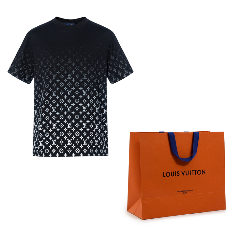 Shop ルイ・ヴィトン ロゴ グラデーション クルーネック Tシャツ ブラック 1A89Z0