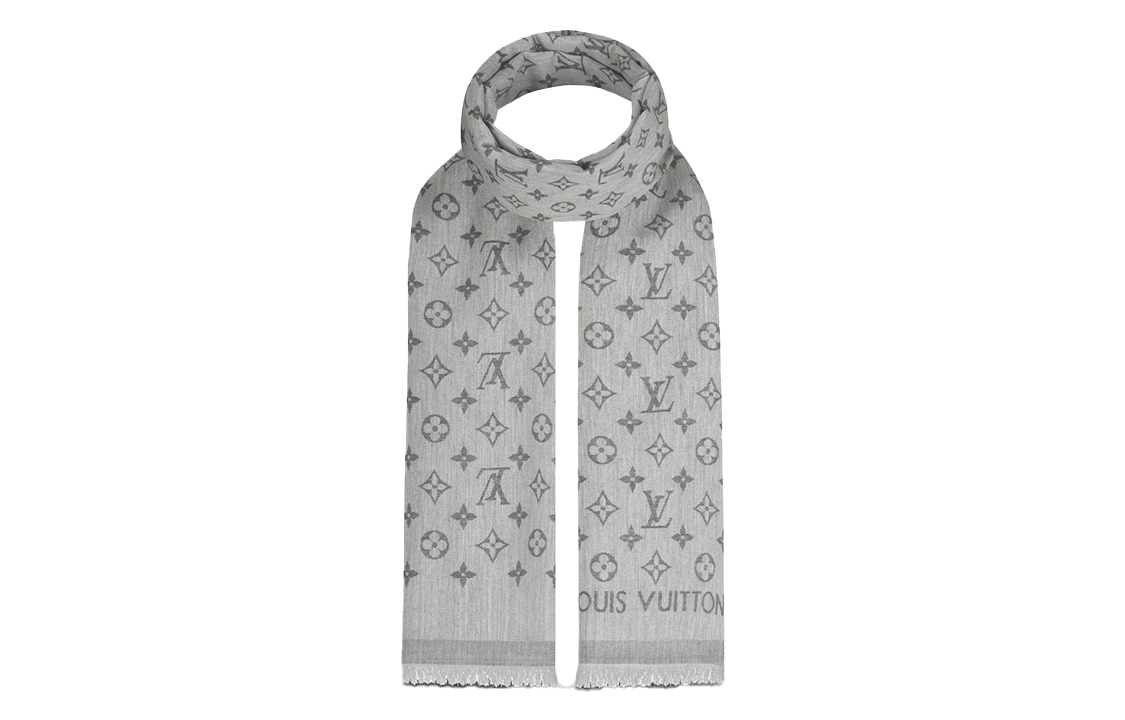 LOUIS VUITTON Logo Print Cotton Knit Scarf Light Grey M71619
