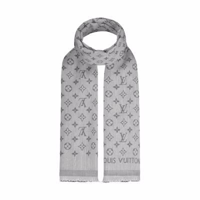 LOUIS VUITTON Logo Print Cotton Knit Scarf Light Grey M71619