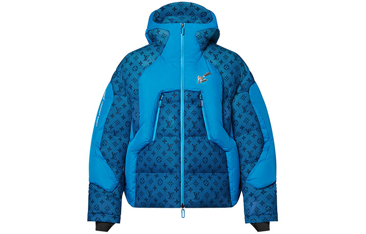 LOUIS VUITTON Logo Print Geometric Hooded Down Jacket Blue Loose Fit 1A9KHZ
