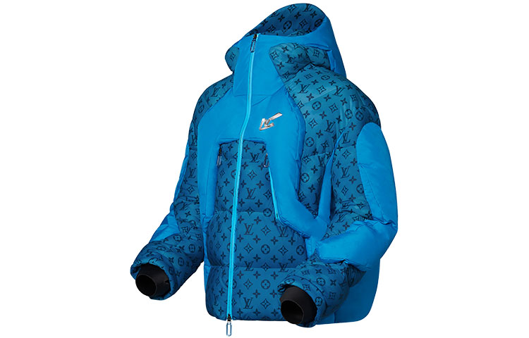 Shop LOUIS VUITTON 標誌幾何連帽羽絨外套 藍色寬鬆版 1A9KHZ