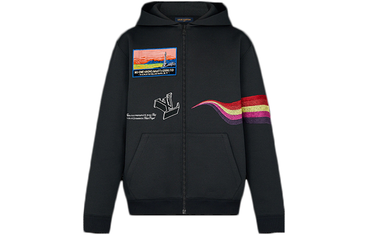Louis Vuitton Logo Print Hooded Zip-Up Oversized Sweatshirt Men Black 1A53O