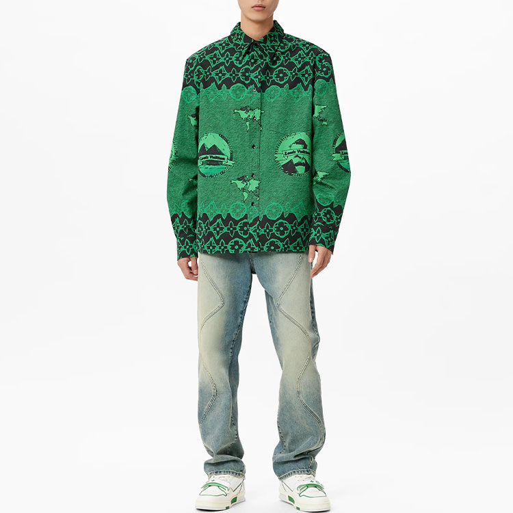 Lookbook 루이 비통 로고 프린트 루즈핏 긴팔 셔츠 그린 1A97EI