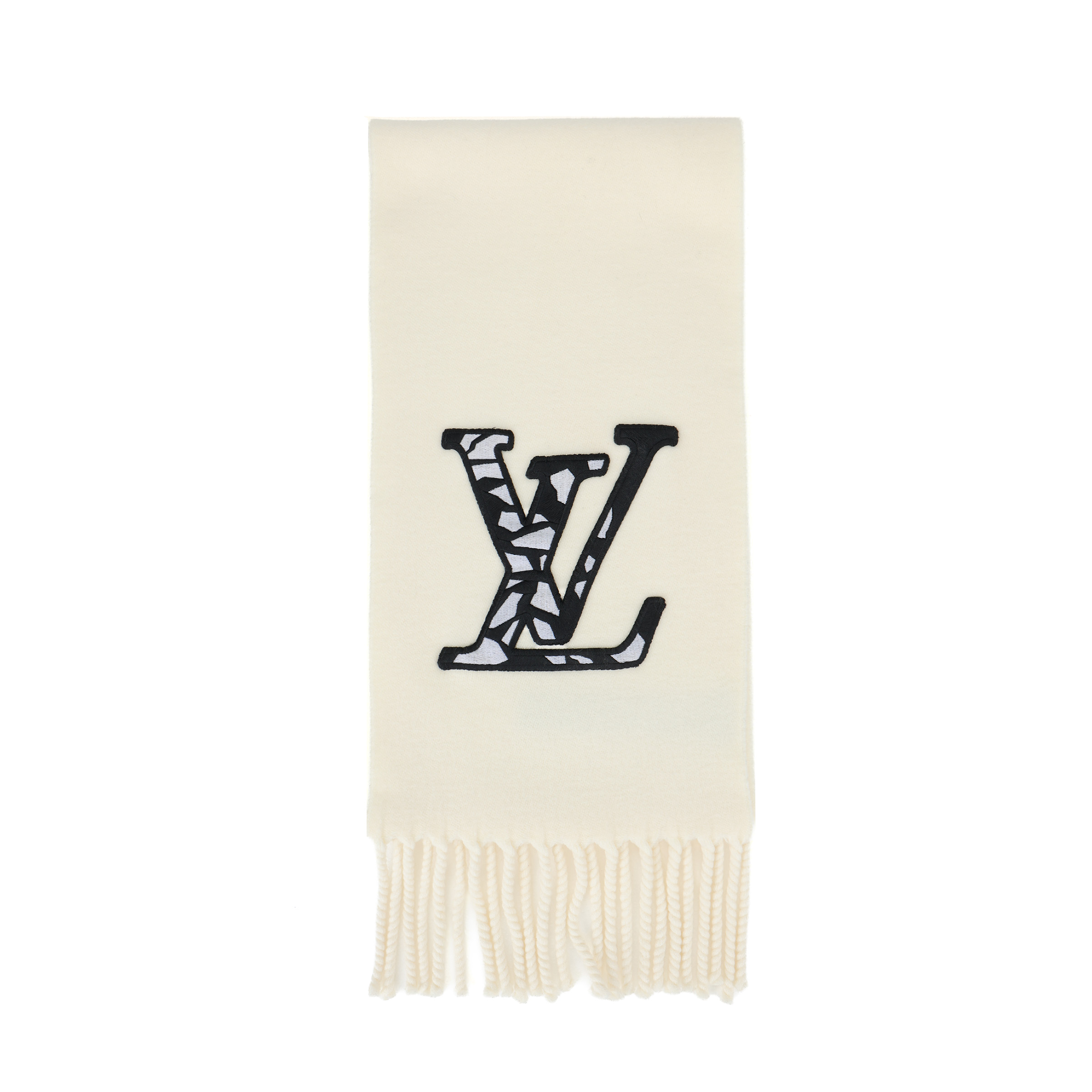 LOUIS VUITTON Logo Print Wool Scarf White -  Winter Accessory M79377