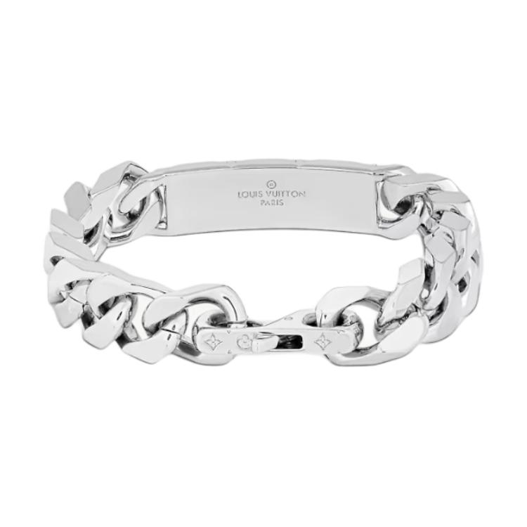 LOUIS VUITTON Logo Silver Cuban Chain Metal Bracelet for Men. M00855
