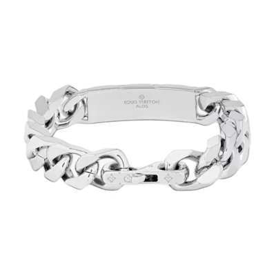 LOUIS VUITTON Logo Silver Cuban Chain Metal Bracelet for Men. M00855