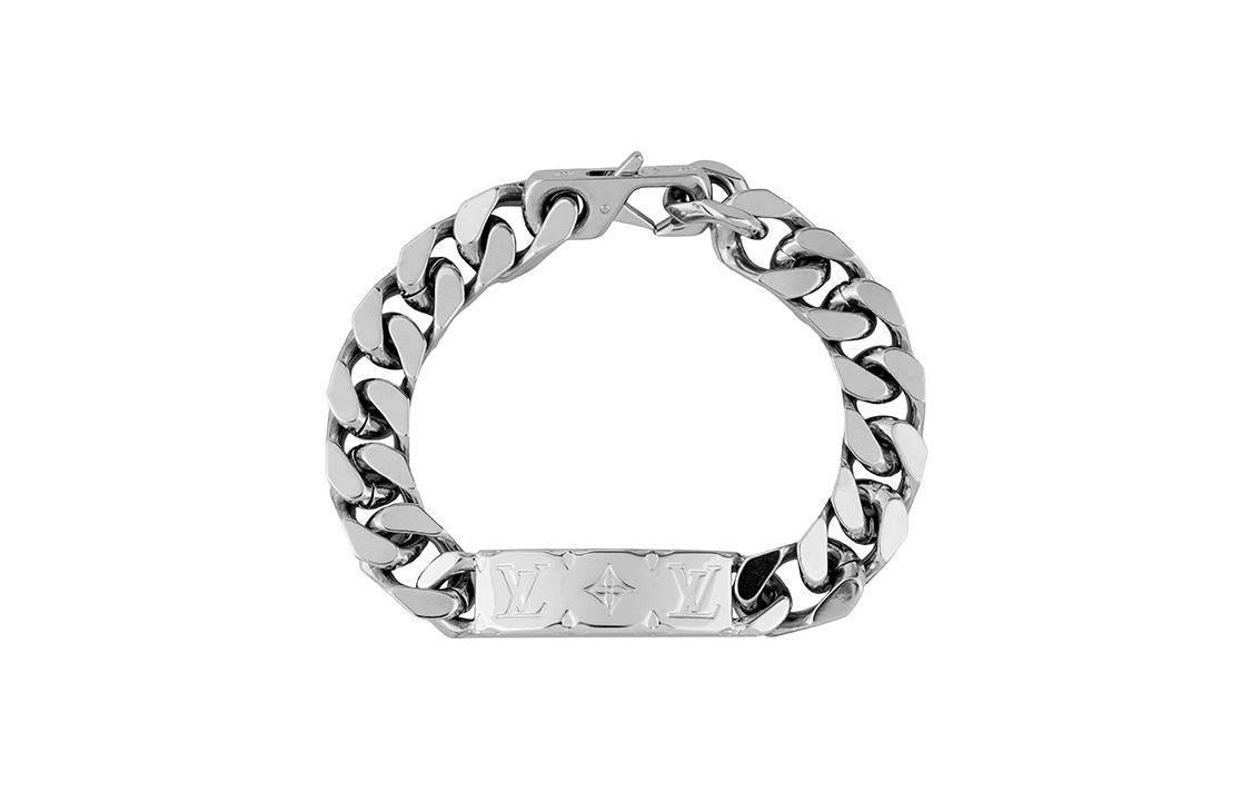 Lookbook 루이비통 로고 실버 쿠반 체인 메탈 팔찌 남성용. M00855
