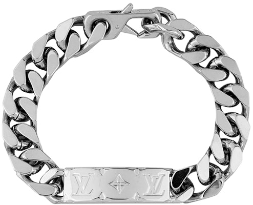 루이비통 로고 실버 쿠반 체인 메탈 팔찌 남성용. M00855 Lookbook 루이비통 로고 실버 쿠반 체인 메탈 팔찌 남성용. M00855