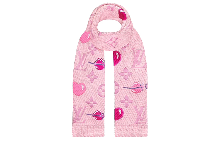 LOUIS VUITTON Logomania La Folie Heart Print Scarf Unisex Couple Pink M71587 圖 4