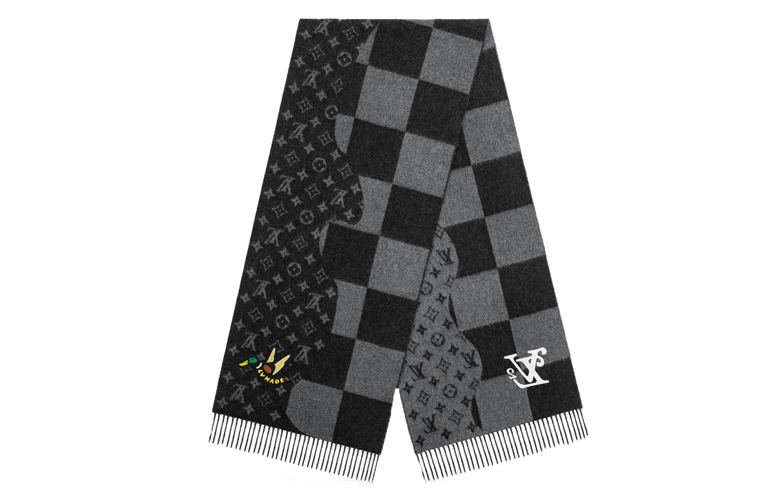 LOUIS VUITTON LV² Duck Embroidery Cashmere Scarf Asymmetric Black Grey MP2701