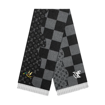 LOUIS VUITTON LV² Duck Embroidery Cashmere Scarf Asymmetric Black Grey MP2701