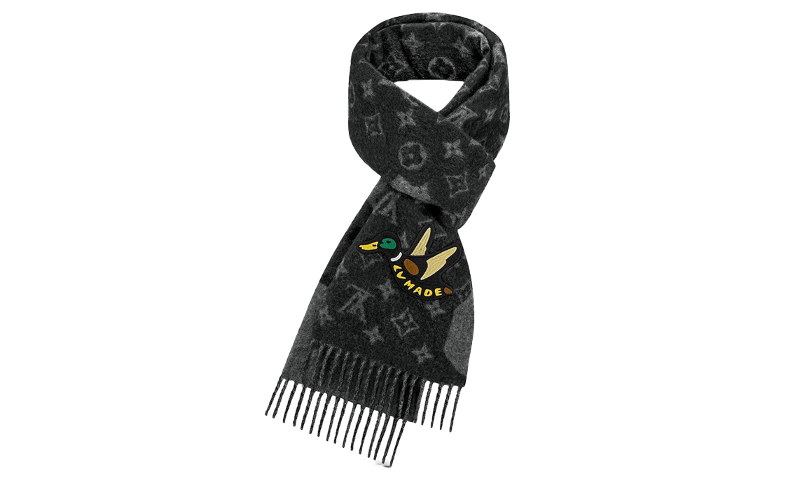 LOUIS VUITTON LV² Duck Embroidery Cashmere Scarf Asymmetric Black Grey MP2701 圖 3