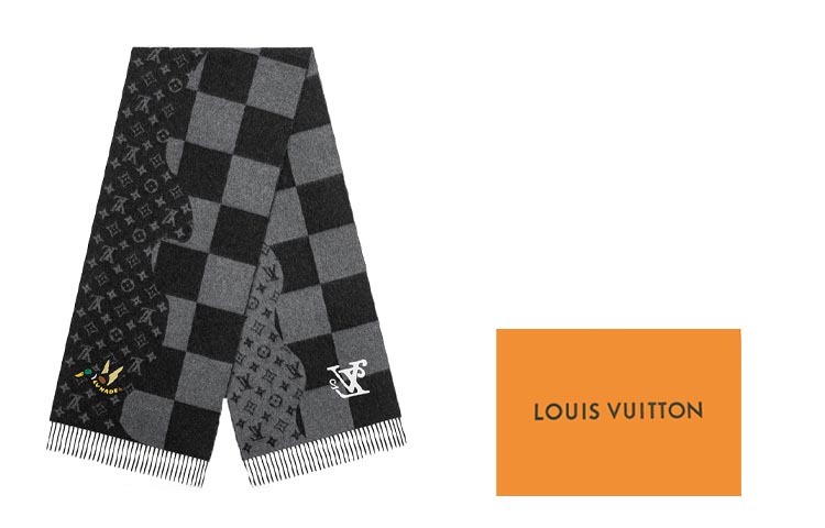 LOUIS VUITTON LV² Duck Embroidery Cashmere Scarf Asymmetric Black Grey MP2701 圖 5