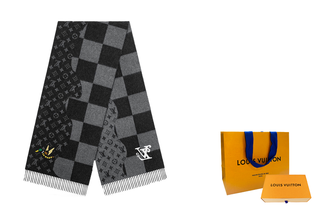 LOUIS VUITTON LV² Duck Embroidery Cashmere Scarf Asymmetric Black Grey MP2701 圖 6