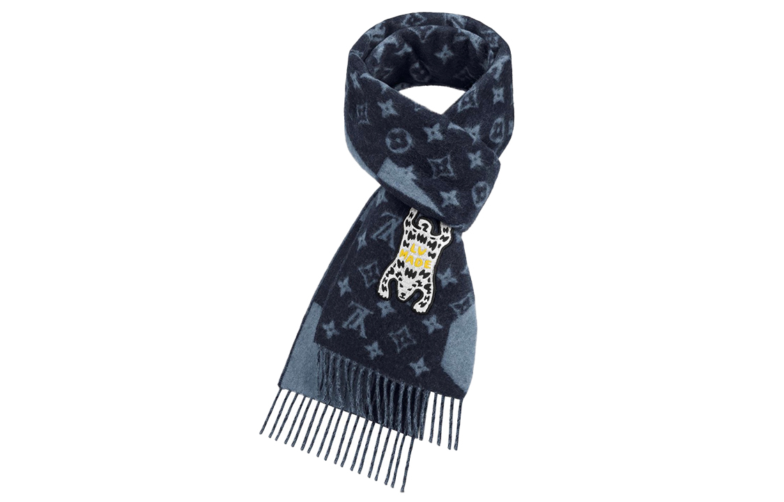 Louis Vuitton LV² Embroidered Bear Cashmere Scarf Black Blue MP2702