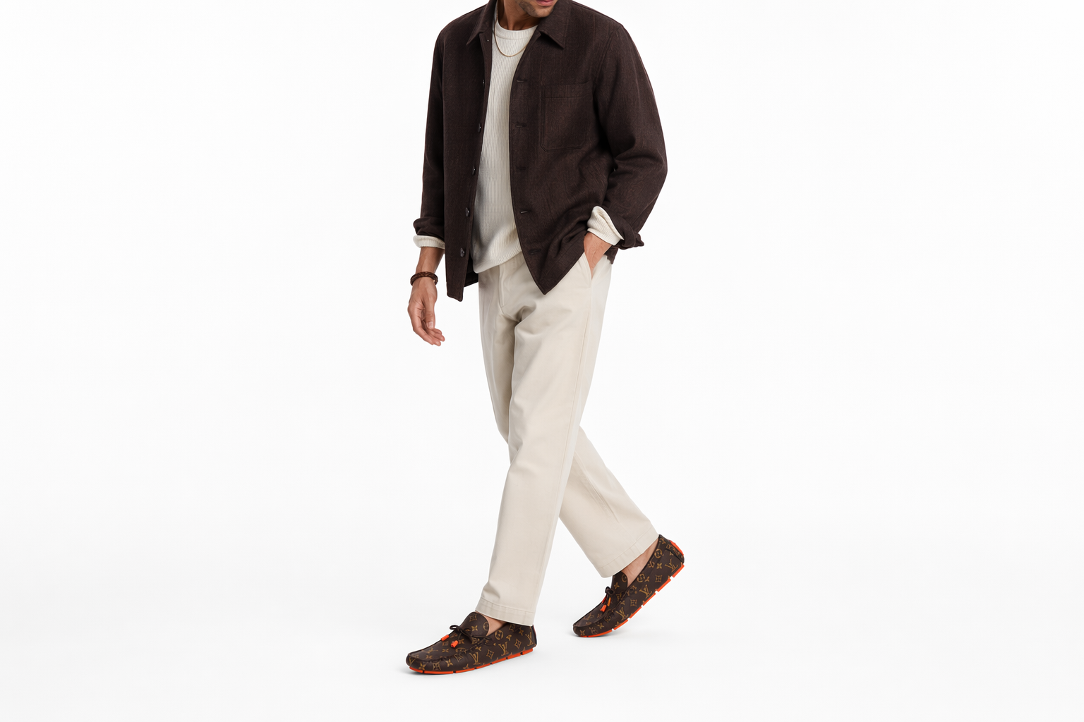 Order Kasut Louis Vuitton LV Driver Moccasin 'Coklat Monogram dengan Oren' 1ABF7Z