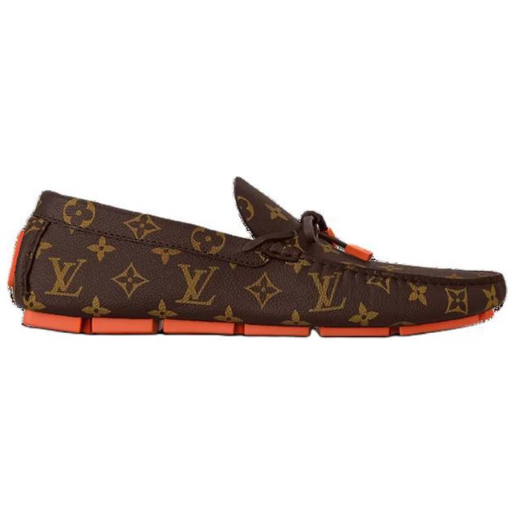 Lookbook Kasut Louis Vuitton LV Driver Moccasin 'Coklat Monogram dengan Oren' 1ABF7Z