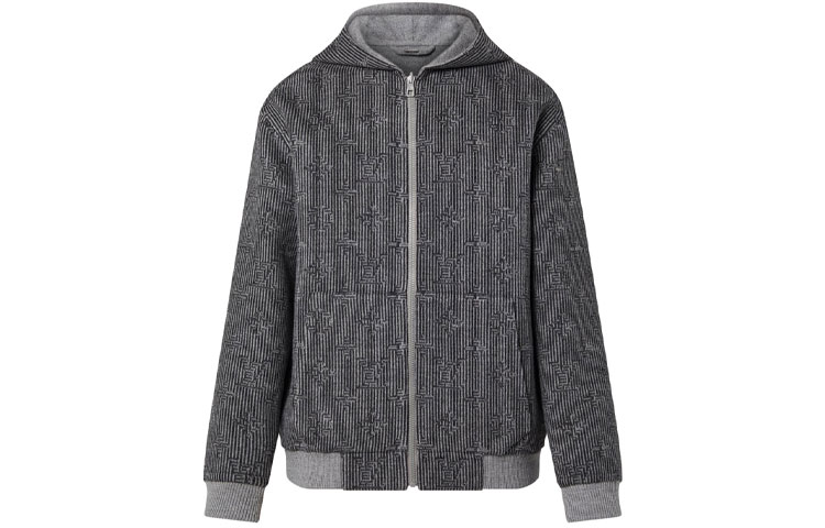 Louis Vuitton LV Fall Reversible Stretch Logo Knit Hoodie Jacket Men Grey 1AATF0