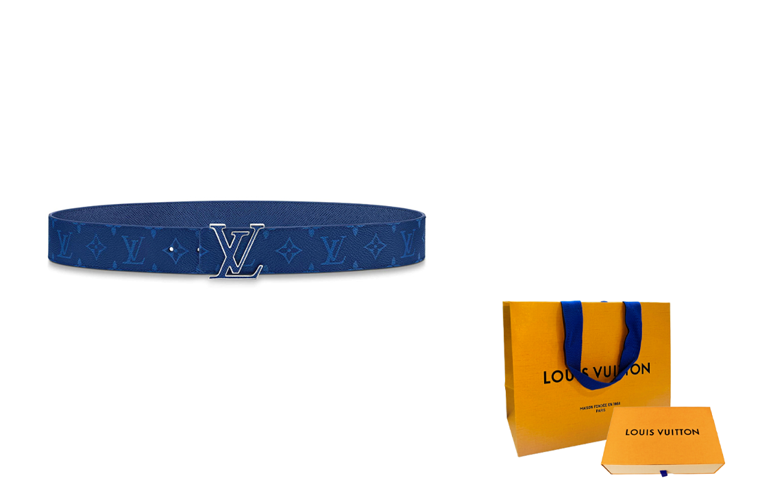 Details for Louis Vuitton LV Initiales Reversible Leather Canvas Belt Blue 4cm Wide M0159