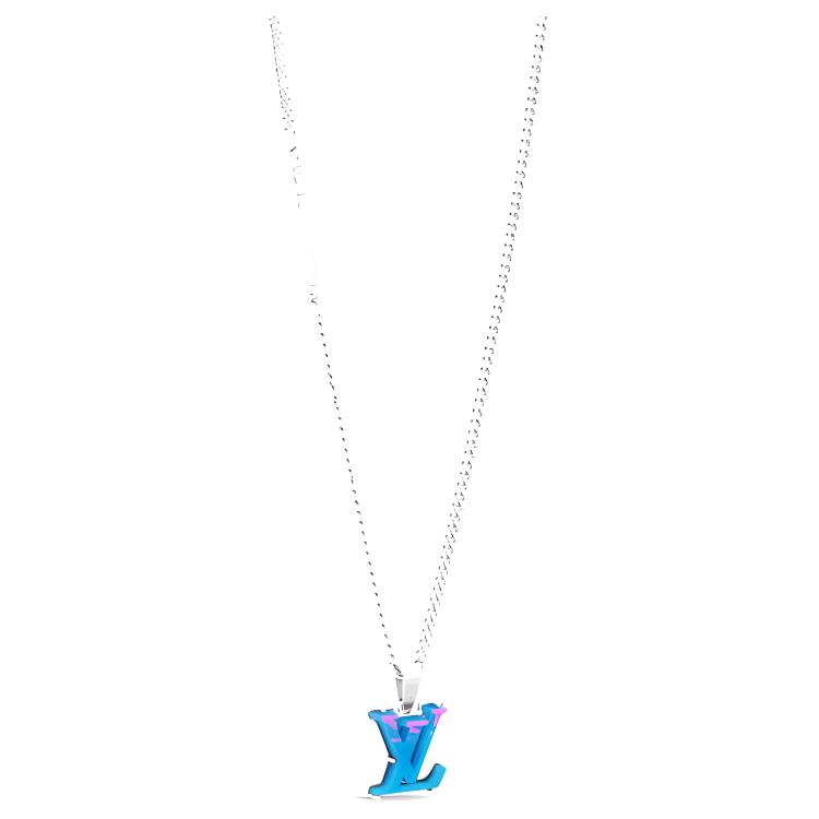 LOUIS VUITTON LV Logo Brass Resin Necklace Unisex Couple Design Blue M01507