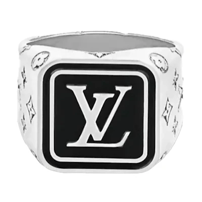 LOUIS VUITTON LV Square Logo Ring Black Silver M00322