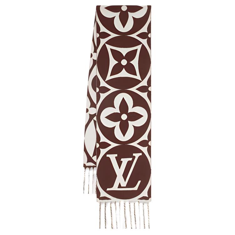Louis Vuitton Medallion Large Logo Print Fringe Wool Scarf Brown Unisex M79215