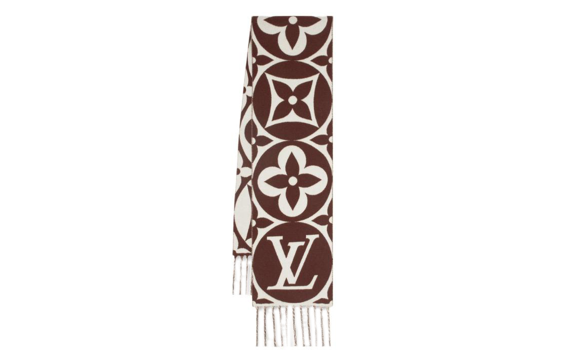 Louis Vuitton Medallion Large Logo Print Fringe Wool Scarf Brown Unisex M79215 圖 2
