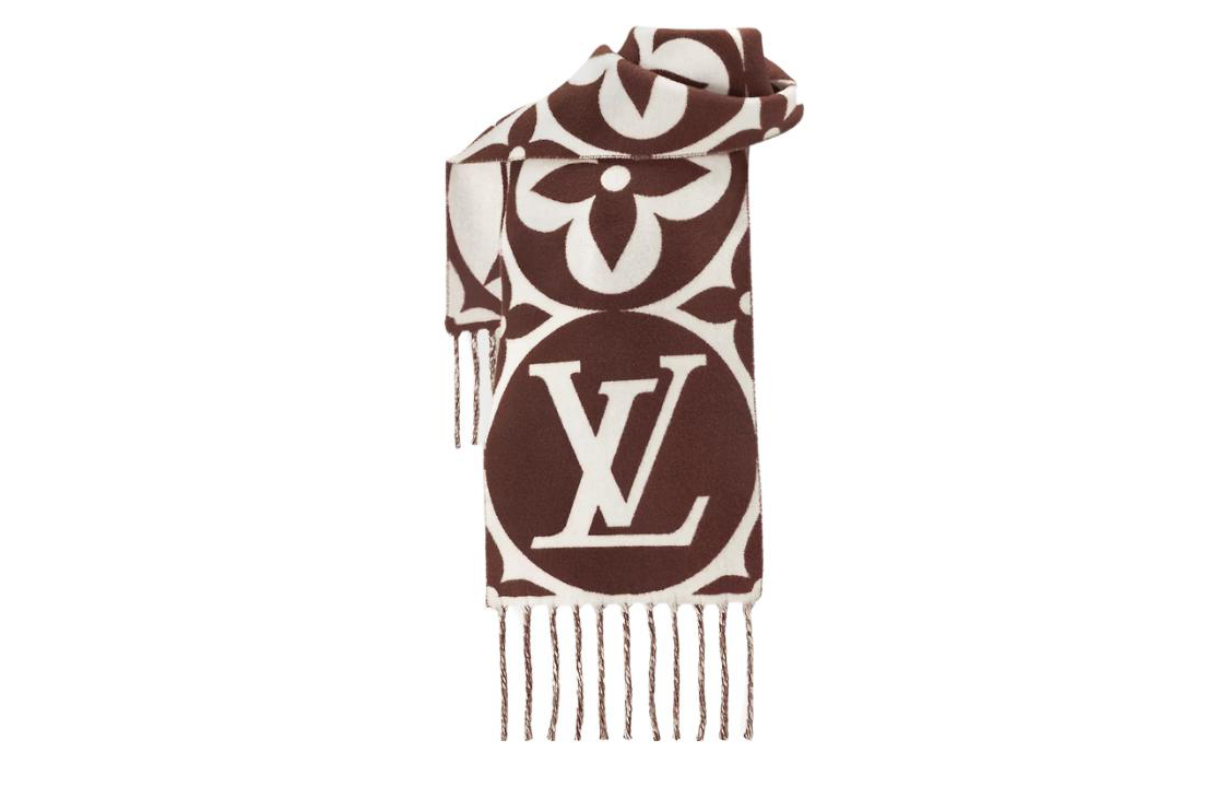 Louis Vuitton Medallion Large Logo Print Fringe Wool Scarf Brown Unisex M79215 圖 3