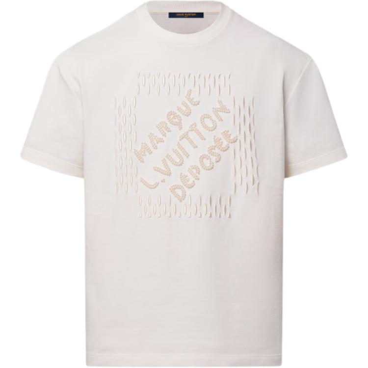 Louis Vuitton Men’s Pearl Embroidered Logo Crewneck T-Shirt in Cream White. 1AFV77