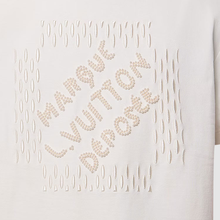 Cheap ルイ・ヴィトン メンズ パール刺繍ロゴ クルーネックTシャツ クリームホワイト. 1AFV77