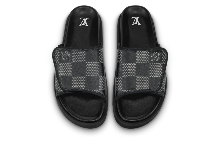 Order Louis Vuitton Miami Kulit 'Velcro Comfort Slip-on' Sandal Mode 'Hitam Abu' 1AANB7